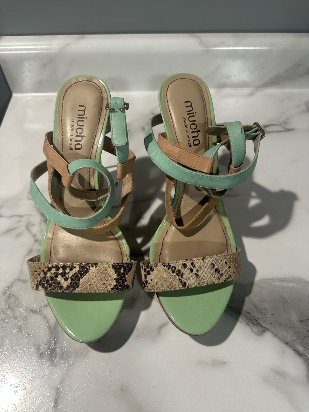 Miucha Mint & Tan Strappy Sandals with Snake-Print Accent